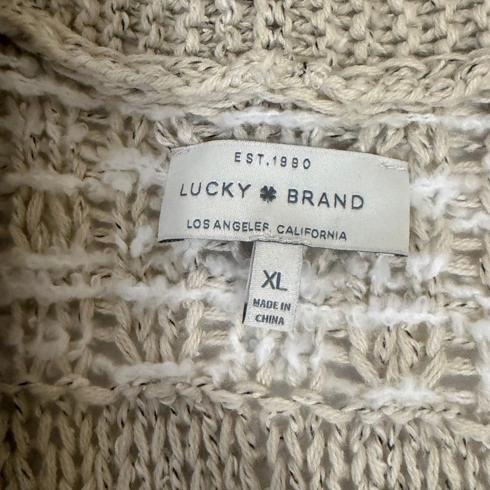 Lucky Brand Open Front Fringe Knit Cardigan Sweater Beige XL - Picture 3 of 15
